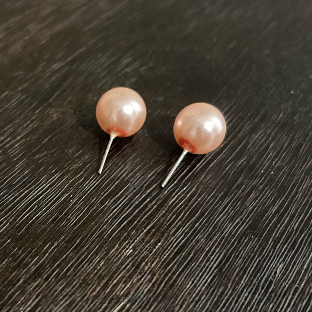 Pink Faux Pearl Stud Earrings | Classic Bridal Bridesmaid Coquette - Picture 4 of 5